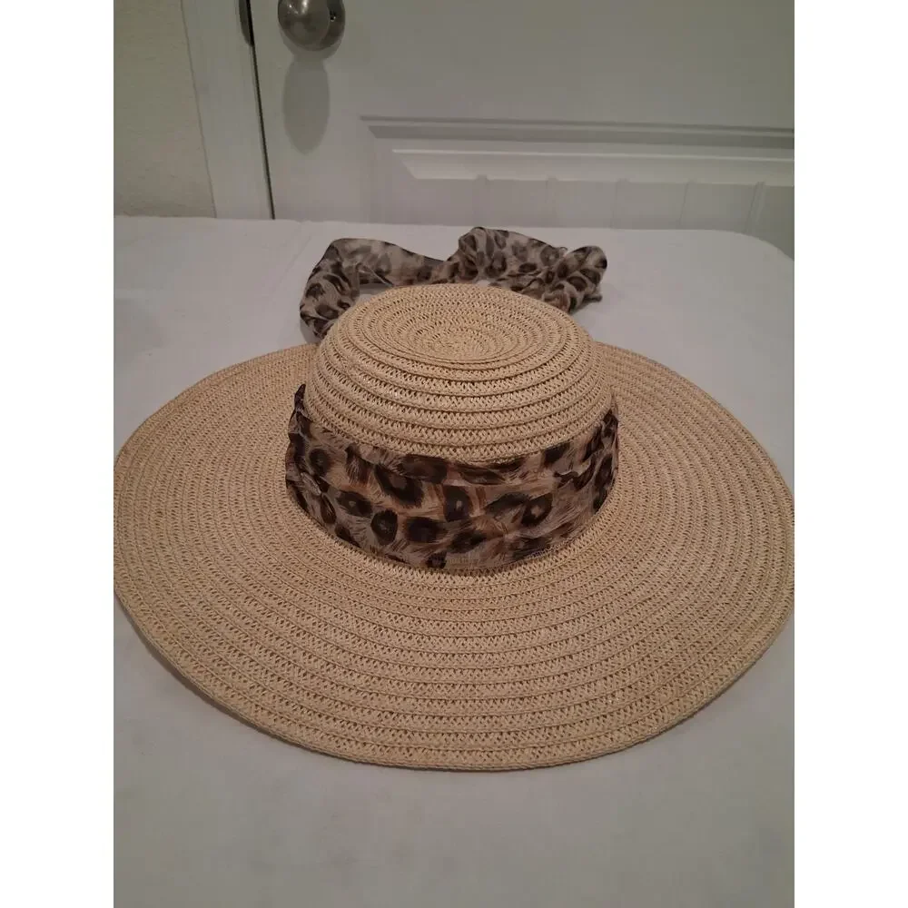 Women's Tan Straw Sun Hat Leopard Scarf Tie Wide Brim Style CS-7-8 Size 57cm
